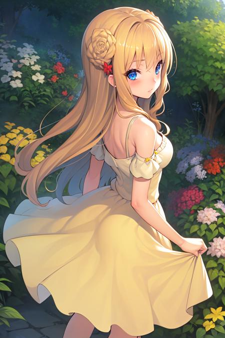 63815-1111545468-adelhley, 1girl, solo, hair ornament, (yellow sundress_1.3), from behind, garden, looking at viewer, blush _lora_adelhley_V1-10_.png